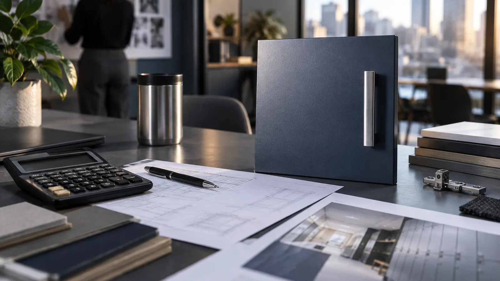 Table de bureau avec calculatrice, budget de casiers connectés