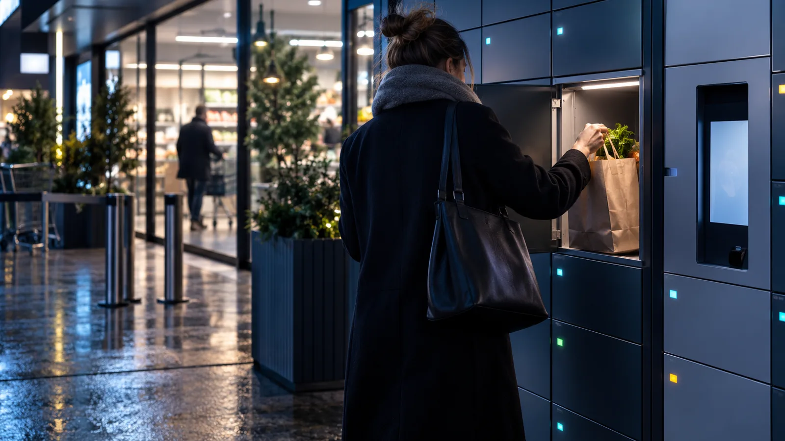 Cliente floue de dos retirant un sac de courses d’un casier click and collect devant une boutique, casier click and collect