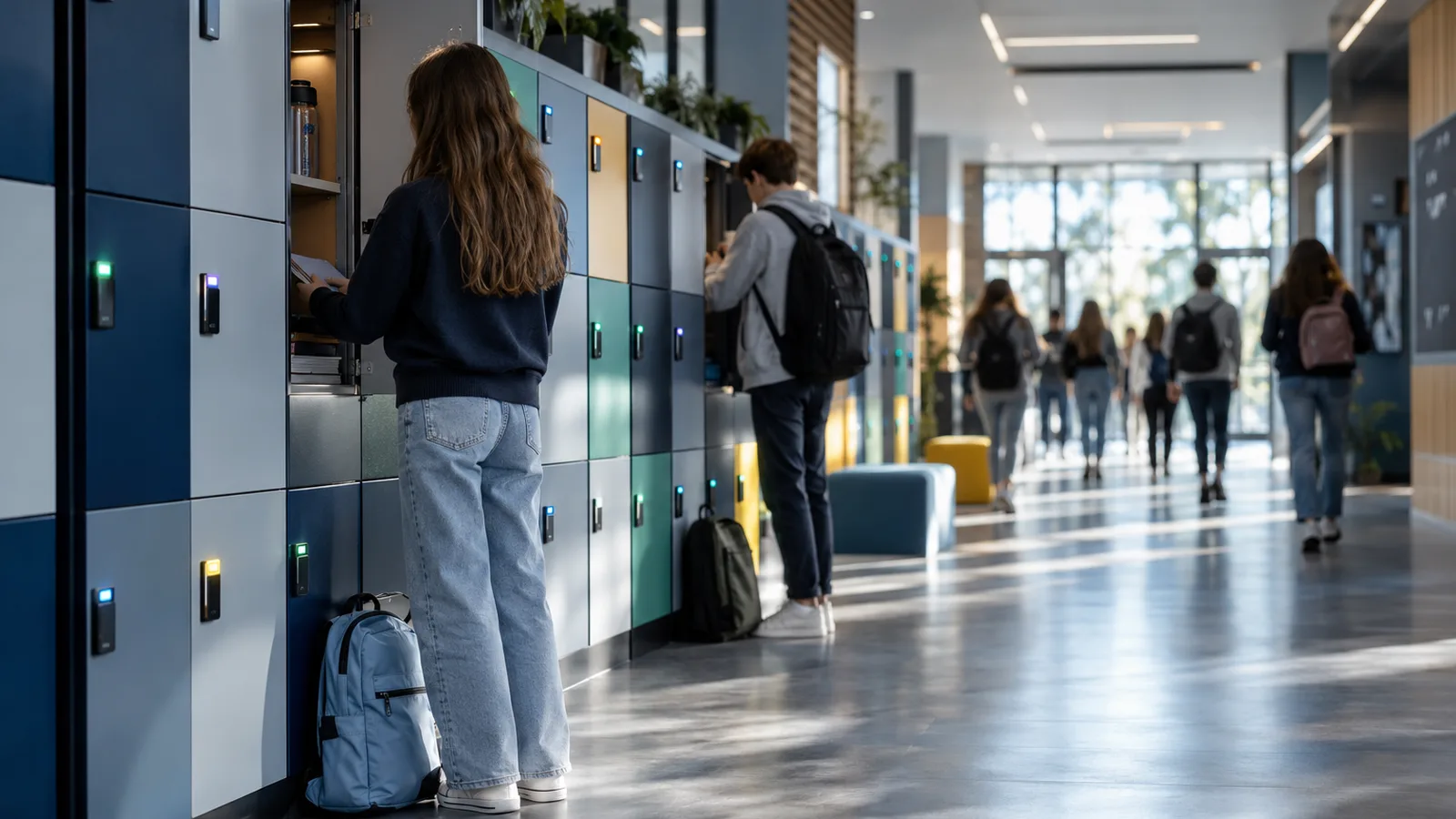 Couloir de collège lumineux avec casiers connectés colorés à hauteur adaptée, casiers connectés à l’école