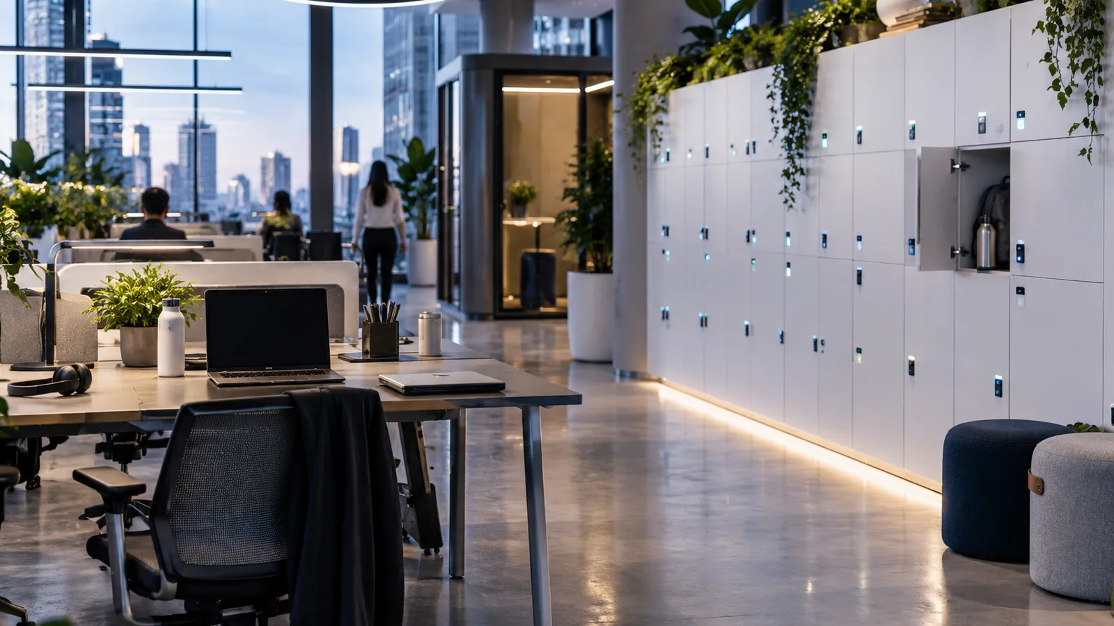 Espace de flex office lumineux bordé d’un long mur de casiers connectés blancs, casiers connectés en entreprise
