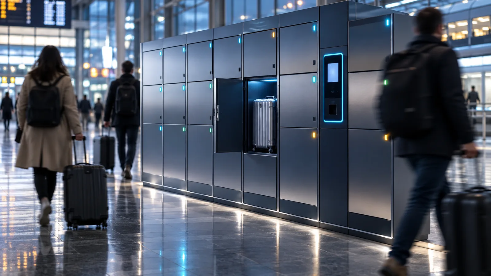 Rangée de casiers connectés dans un hall de gare lumineux, casiers connectés dans les lieux publics
