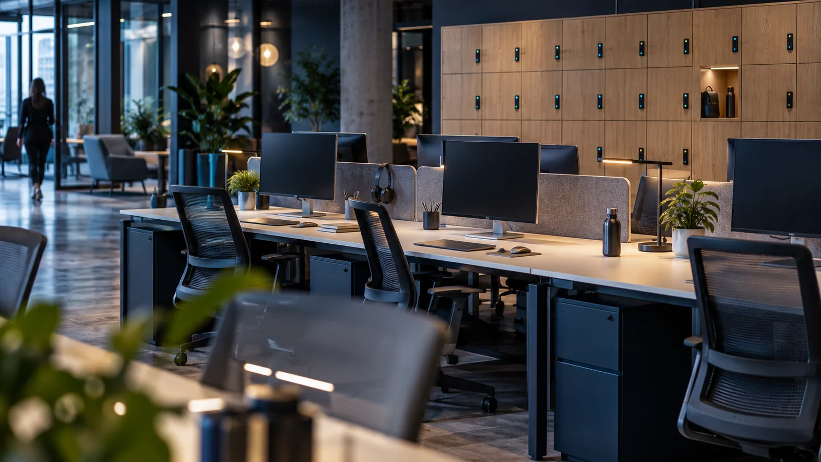 Open space en flex office avec bureaux vides et propres, casiers en flex office