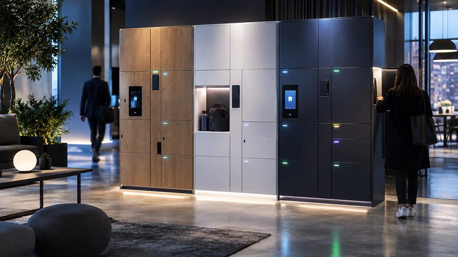 Showroom de casiers intelligents avec colonnes de plusieurs finitions, casiers intelligents