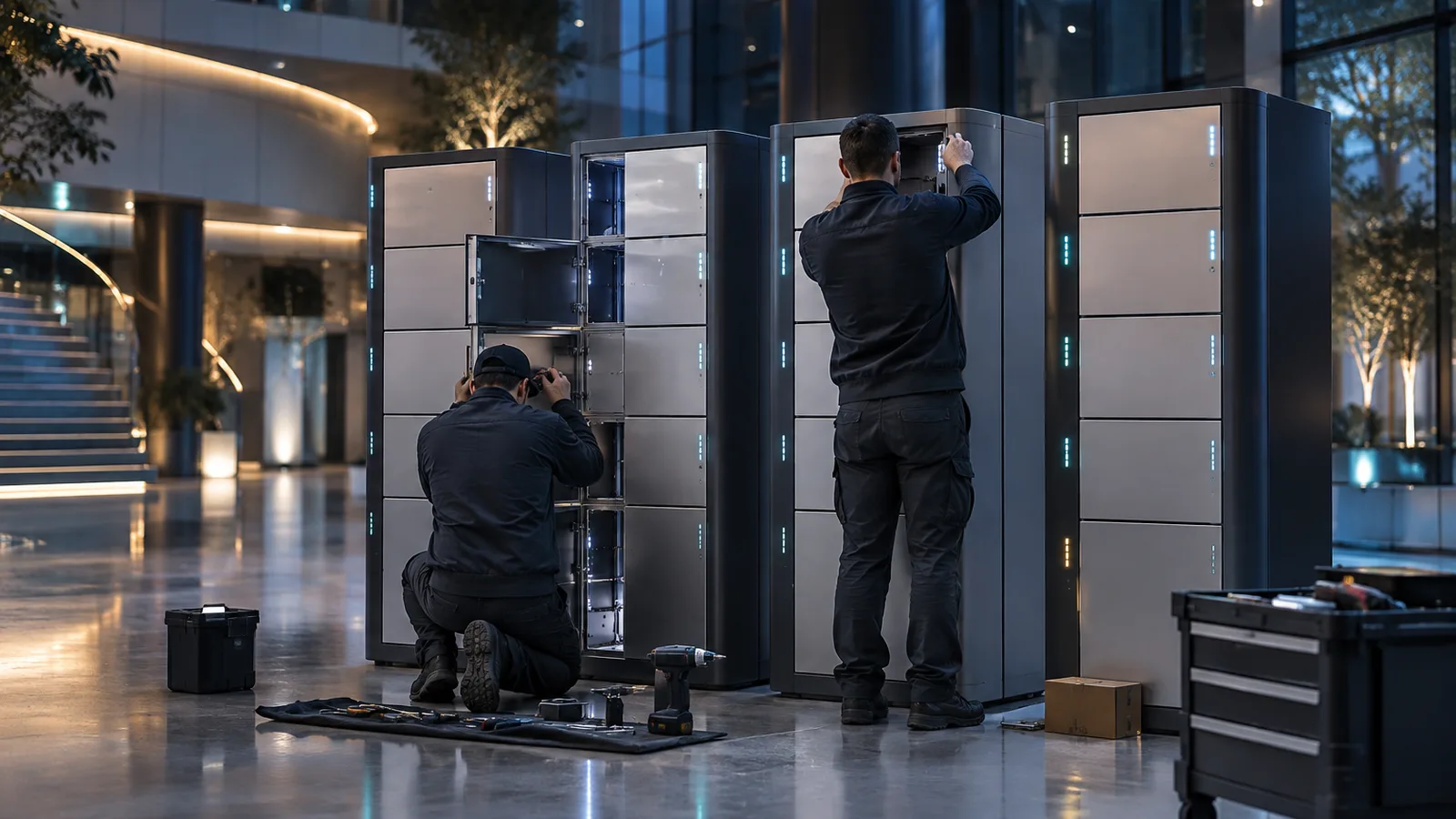 Deux techniciens de dos assemblant des colonnes de casiers connectés dans un hall vide, installer des casiers connectés