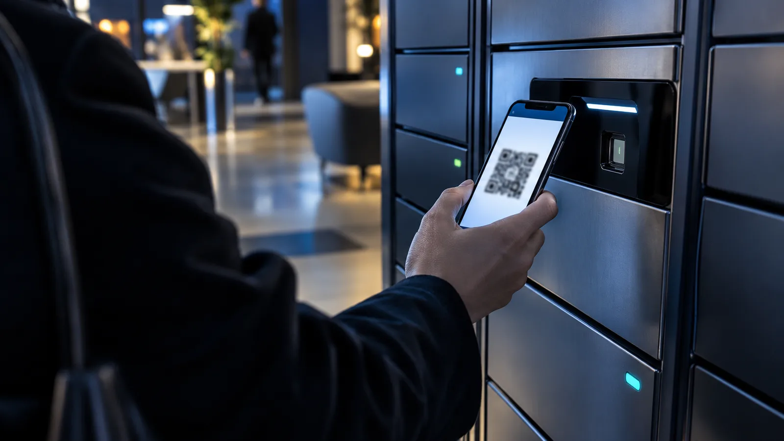 Smartphone présentant un QR code flou devant le lecteur optique d’un casier connecté, ouverture de casier par QR code