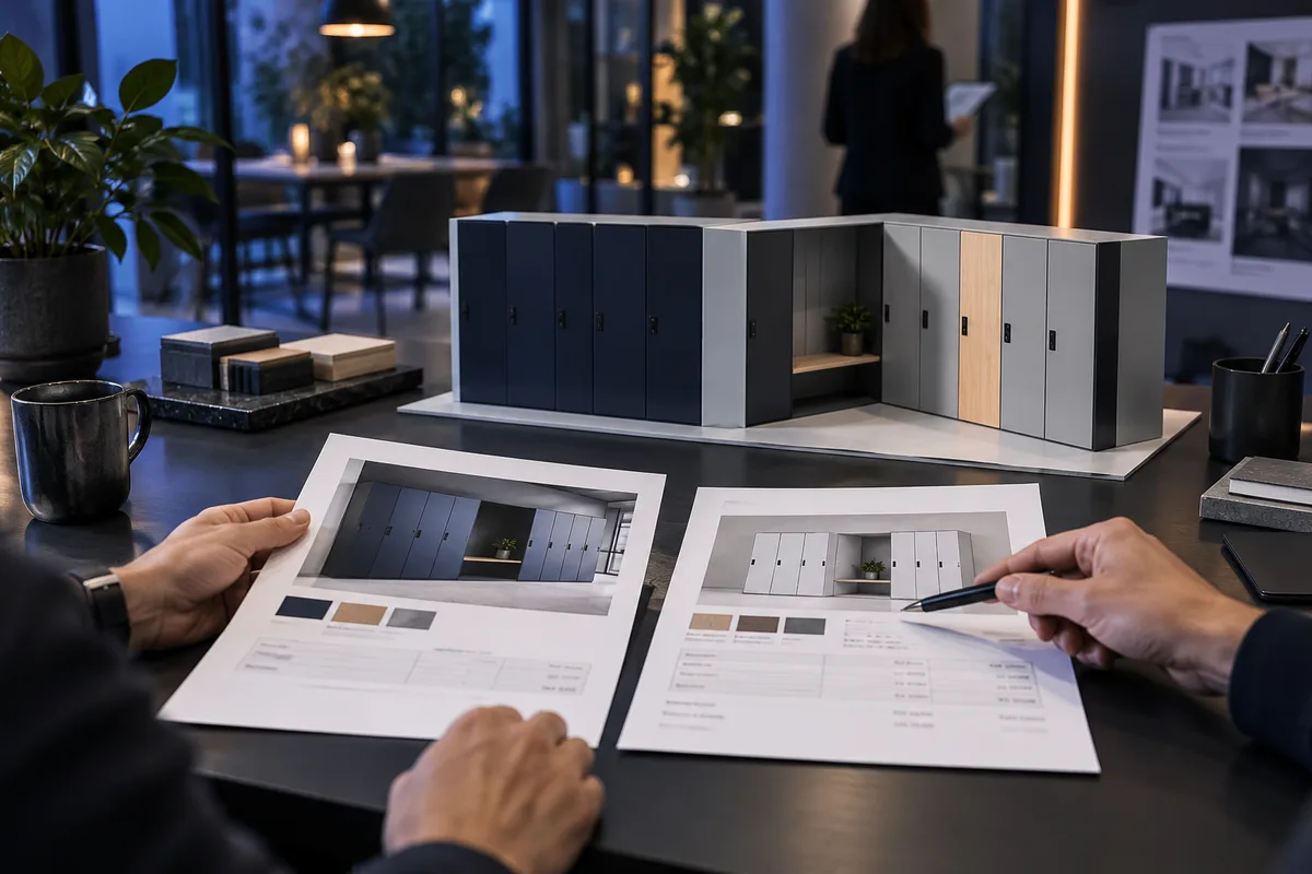 Mains comparant deux dossiers de devis posés à côté d’une maquette de casiers, budget de casiers connectés
