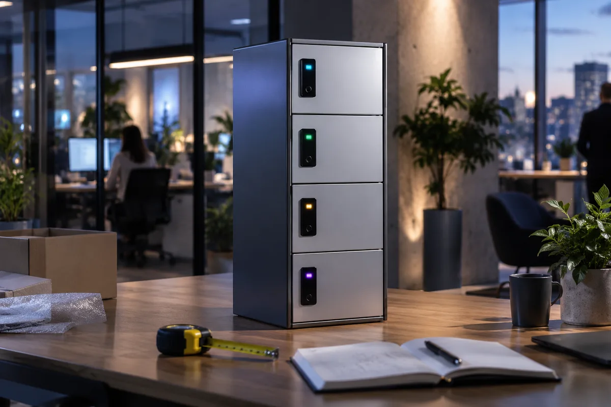 Petite colonne de casiers connectés neuve dans un bureau, budget de casiers connectés