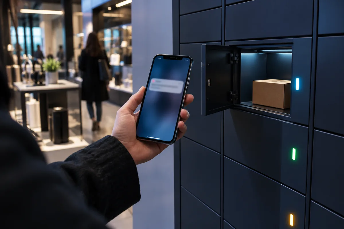 Smartphone affichant une notification floue tenu devant un casier de retrait en magasin, casier click and collect