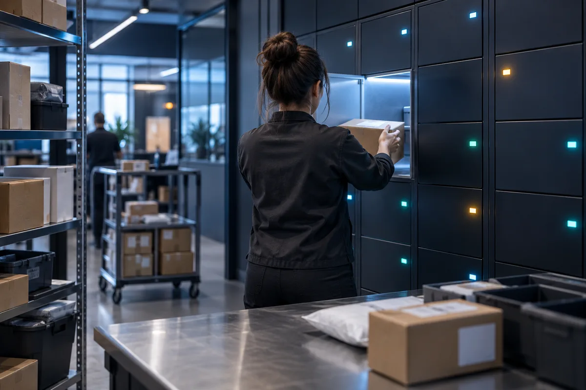 Employé de dos plaçant une commande emballée dans un casier ouvert depuis l’arrière-boutique, casier click and collect