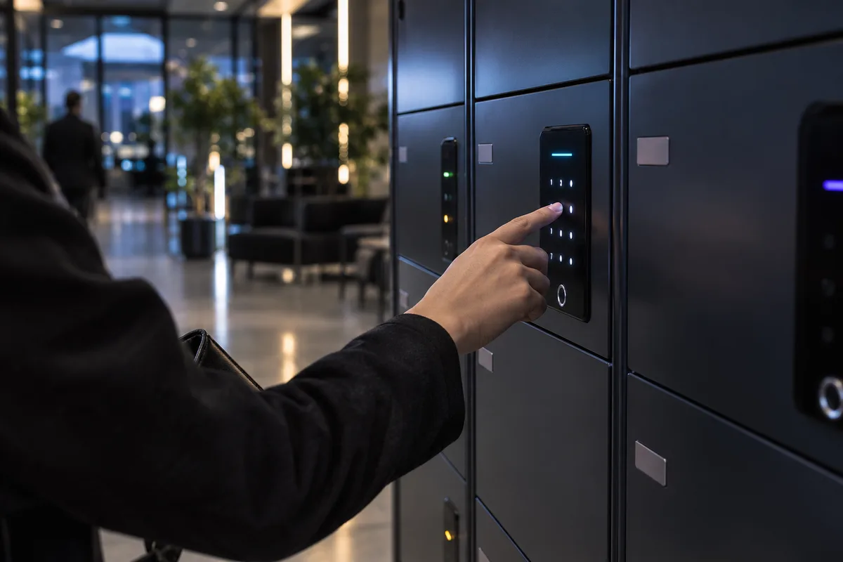 Main saisissant un code sur un petit clavier tactile de casier, casier connecté