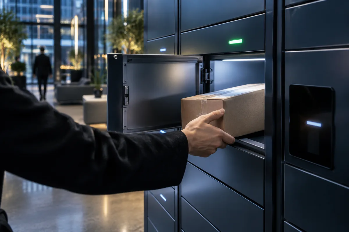 Main retirant un colis kraft d’une porte de casier ouverte, casiers à colis et click and collect