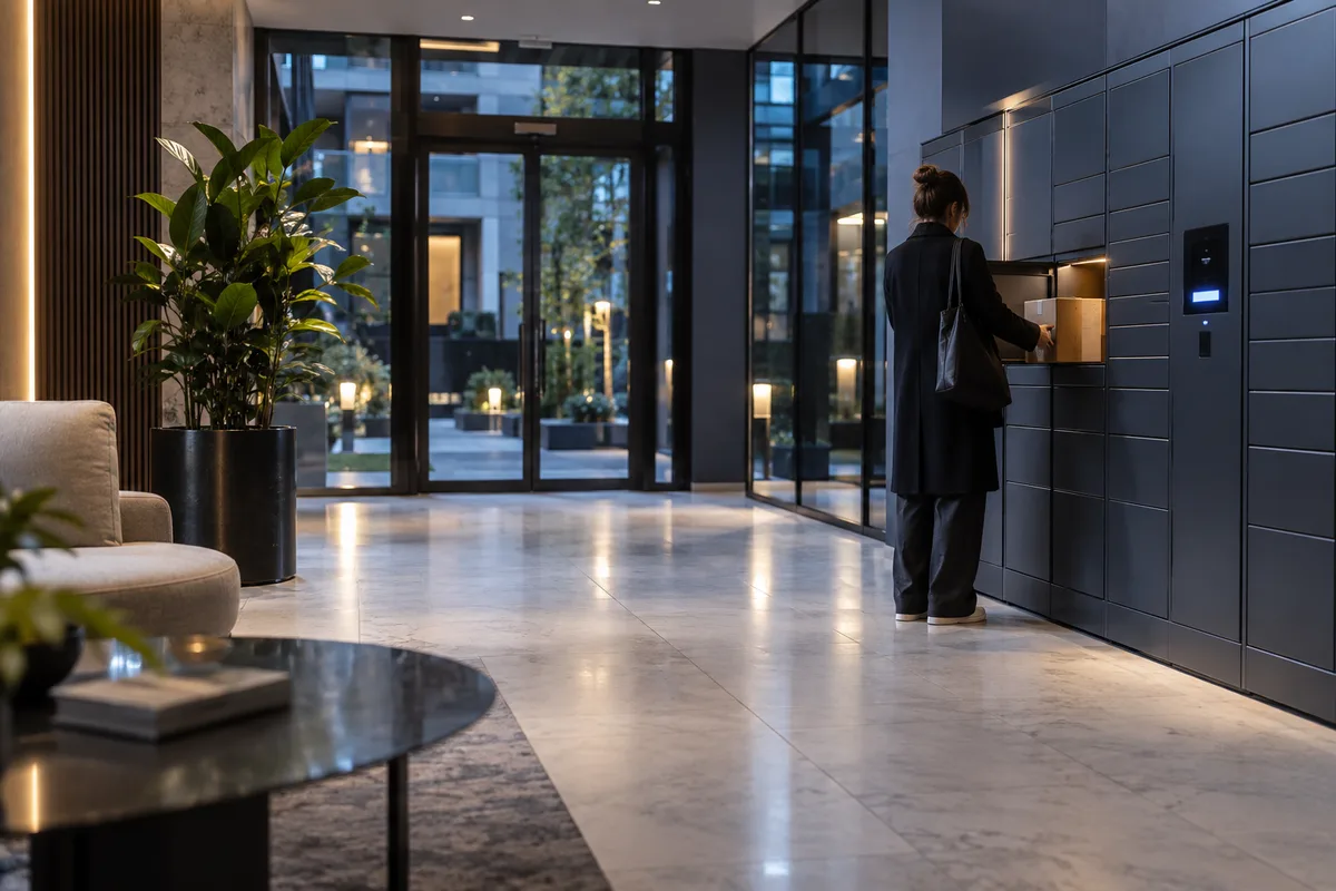 Hall de résidence lumineux avec carrelage clair, casiers à colis en résidence