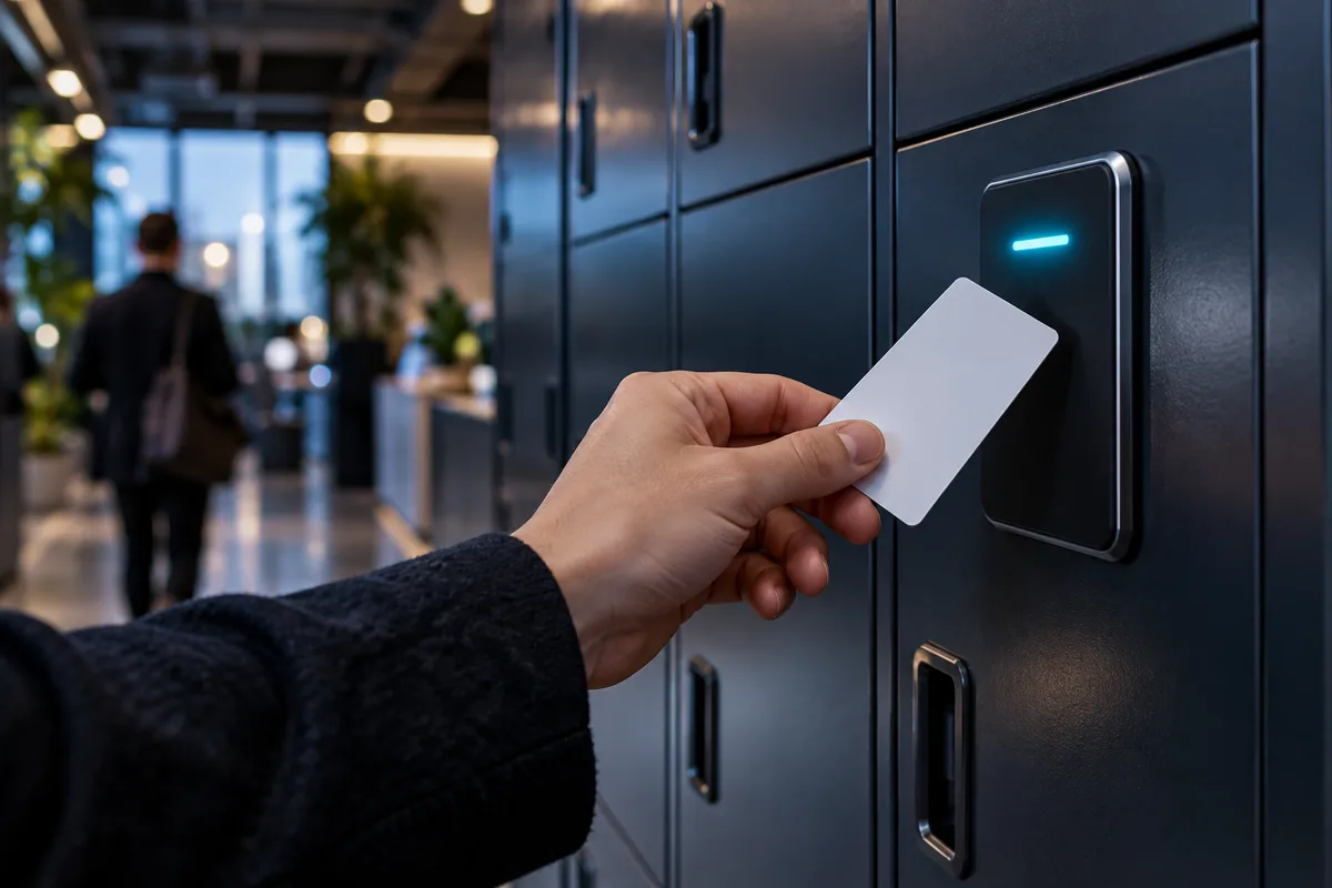 Badge d’entreprise sans inscription approché d’un lecteur de casier, casiers connectés en entreprise