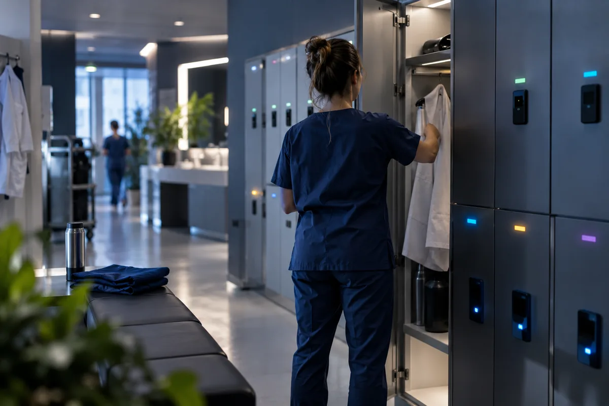 Soignante floue de dos rangeant sa tenue dans un casier connecté de vestiaire hospitalier, casiers connectés à l’hôpital