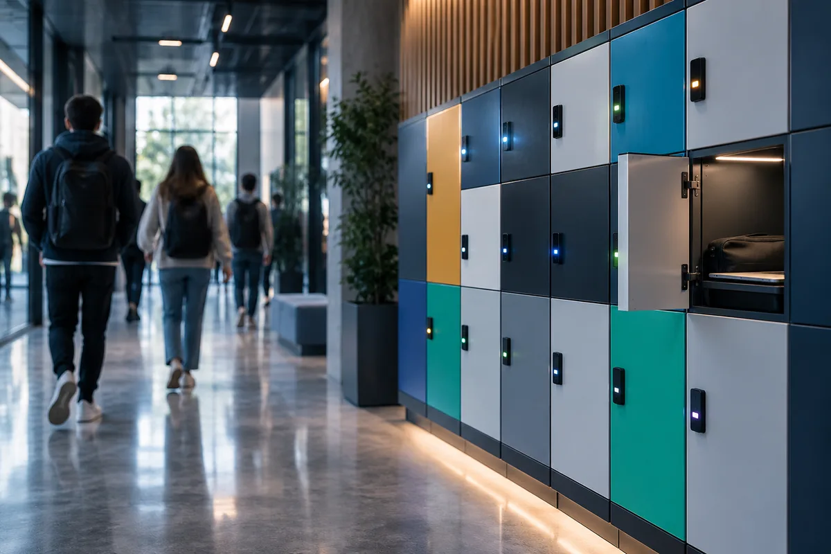 Casiers connectés colorés dans un couloir de campus moderne, casiers connectés dans les lieux publics