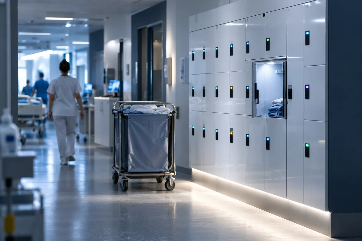 Casiers connectés blancs dans un couloir d’hôpital propre, casiers connectés dans les lieux publics