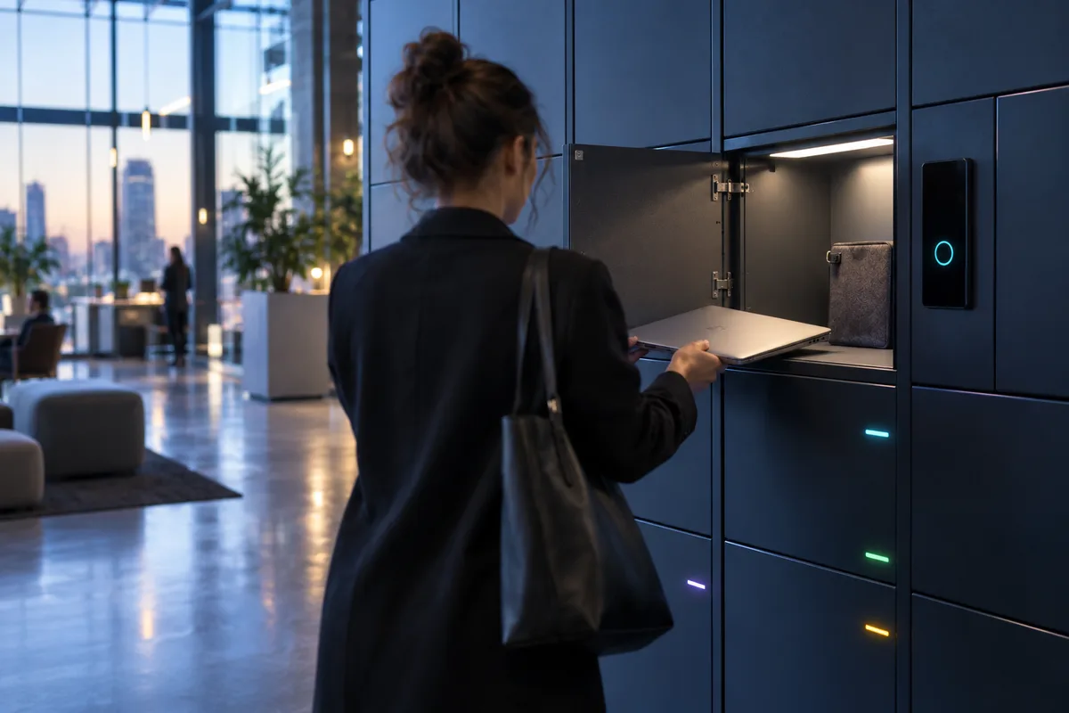 Salariée floue de dos déposant un ordinateur portable dans un casier connecté le matin, casiers en flex office