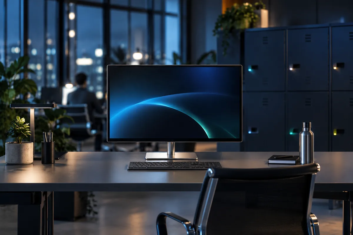 Bureau partagé dégagé avec seulement un écran et un clavier, casiers en flex office