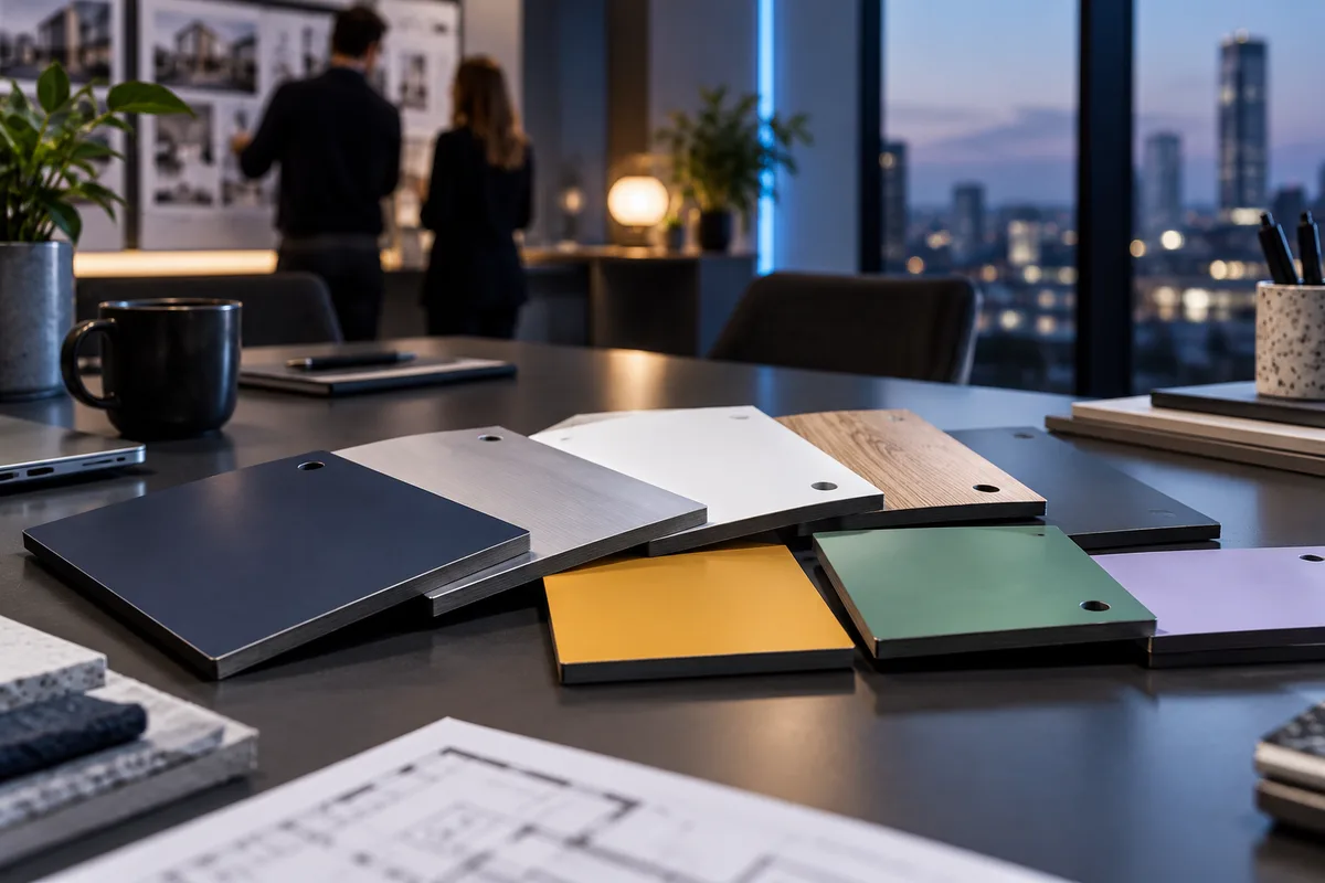 Échantillons de façades de casiers en stratifié de couleurs posés sur une table de réunion, casiers intelligents
