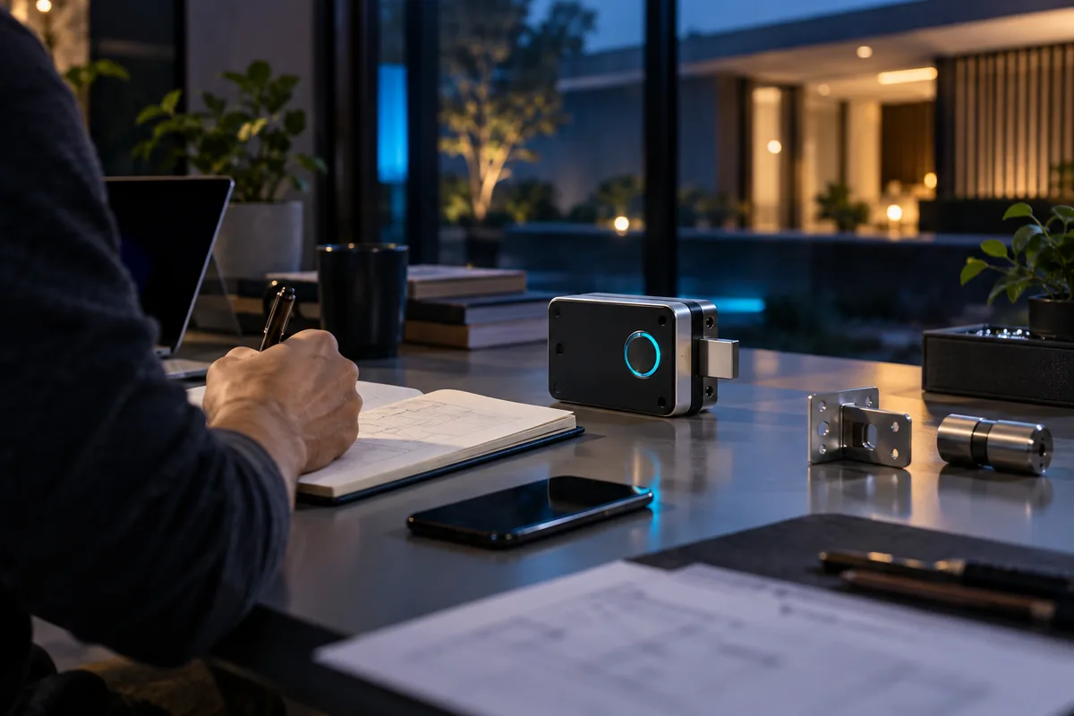Main écrivant sur un carnet à côté d’un petit module de serrure électronique posé sur la table, casier numérique