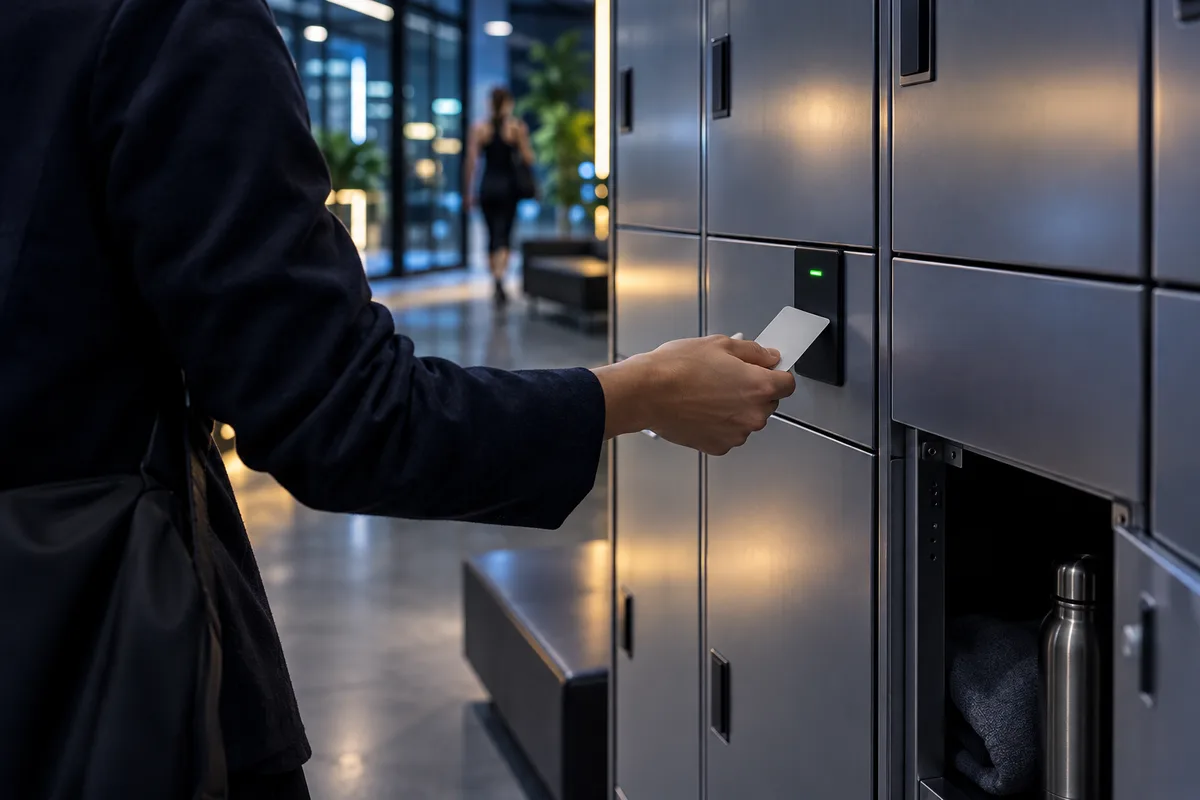 Lecteur de badge encastré dans une façade de casier métallique, fonctionnement d’un casier connecté