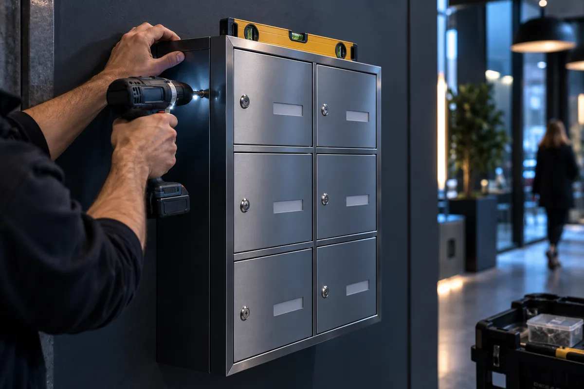 Mains fixant une colonne de casiers au mur avec une visseuse, installer des casiers connectés
