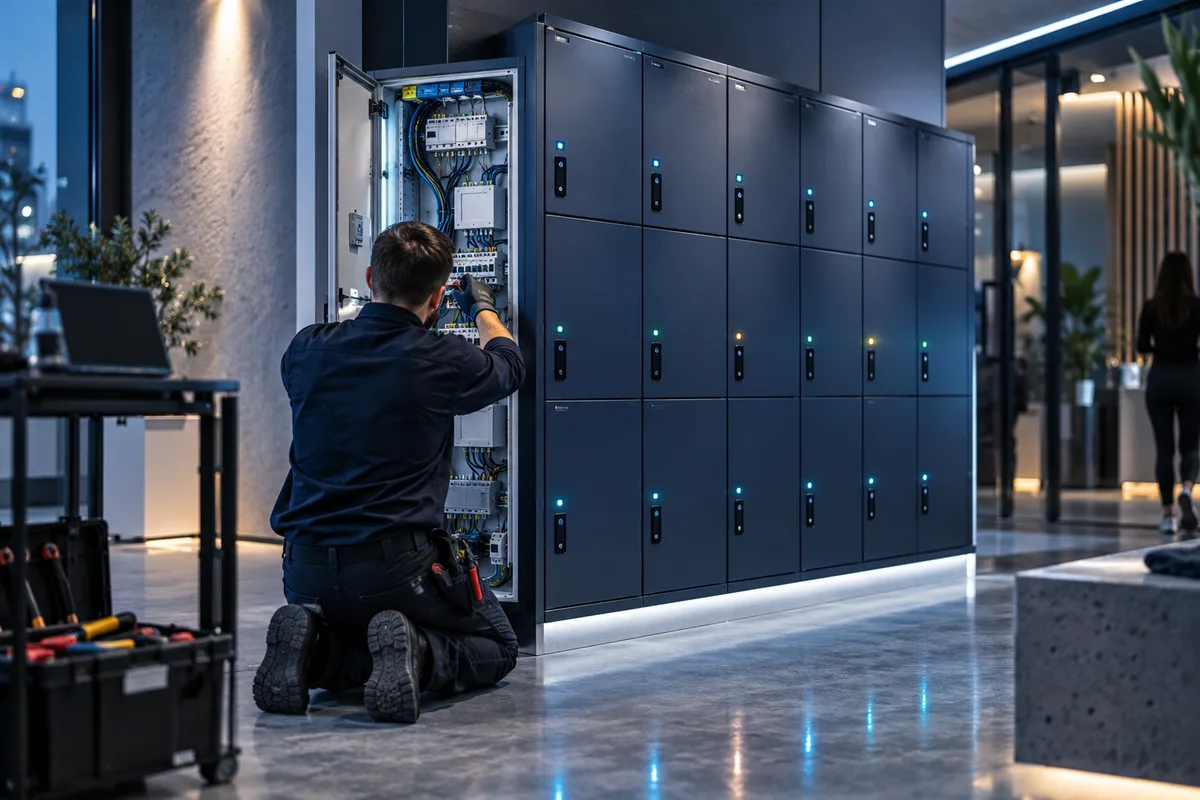 Technicien de dos raccordant le boîtier électrique d’un bloc de casiers neuf, installer des casiers connectés