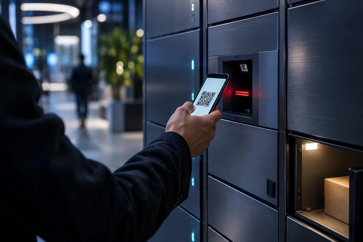 Lecteur de QR code encastré dans une façade métallique de casier, ouverture de casier par QR code