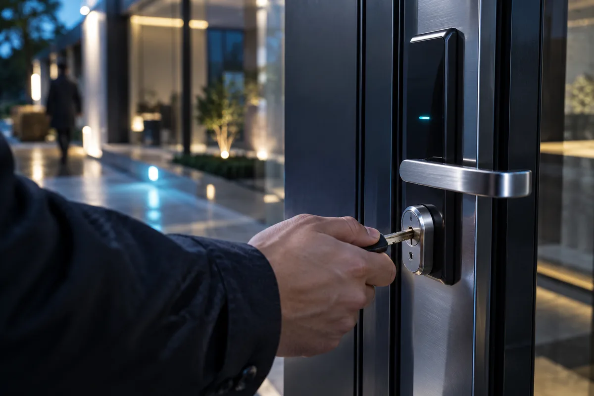 Main insérant une clé de secours dans le cylindre d’urgence d’une serrure électronique, serrure électronique de casier